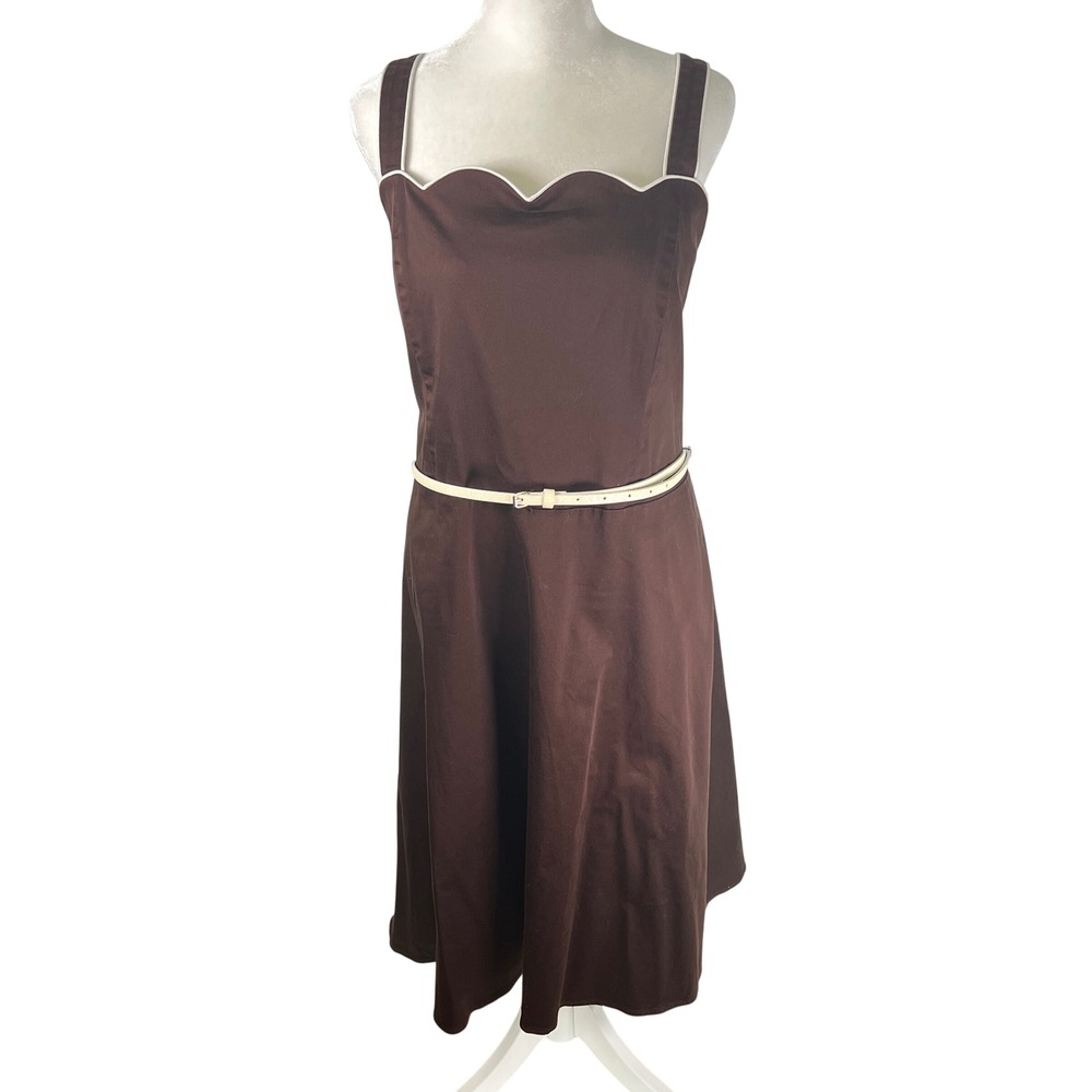 R&K Originals Brown Scalloped Neck Belted Midi Dress Size 18 Retro Pinup Cotton